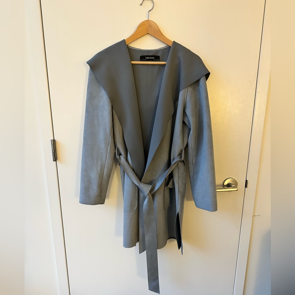 Zara Basic Light Blue Faux Suede Hooded Trench Coat